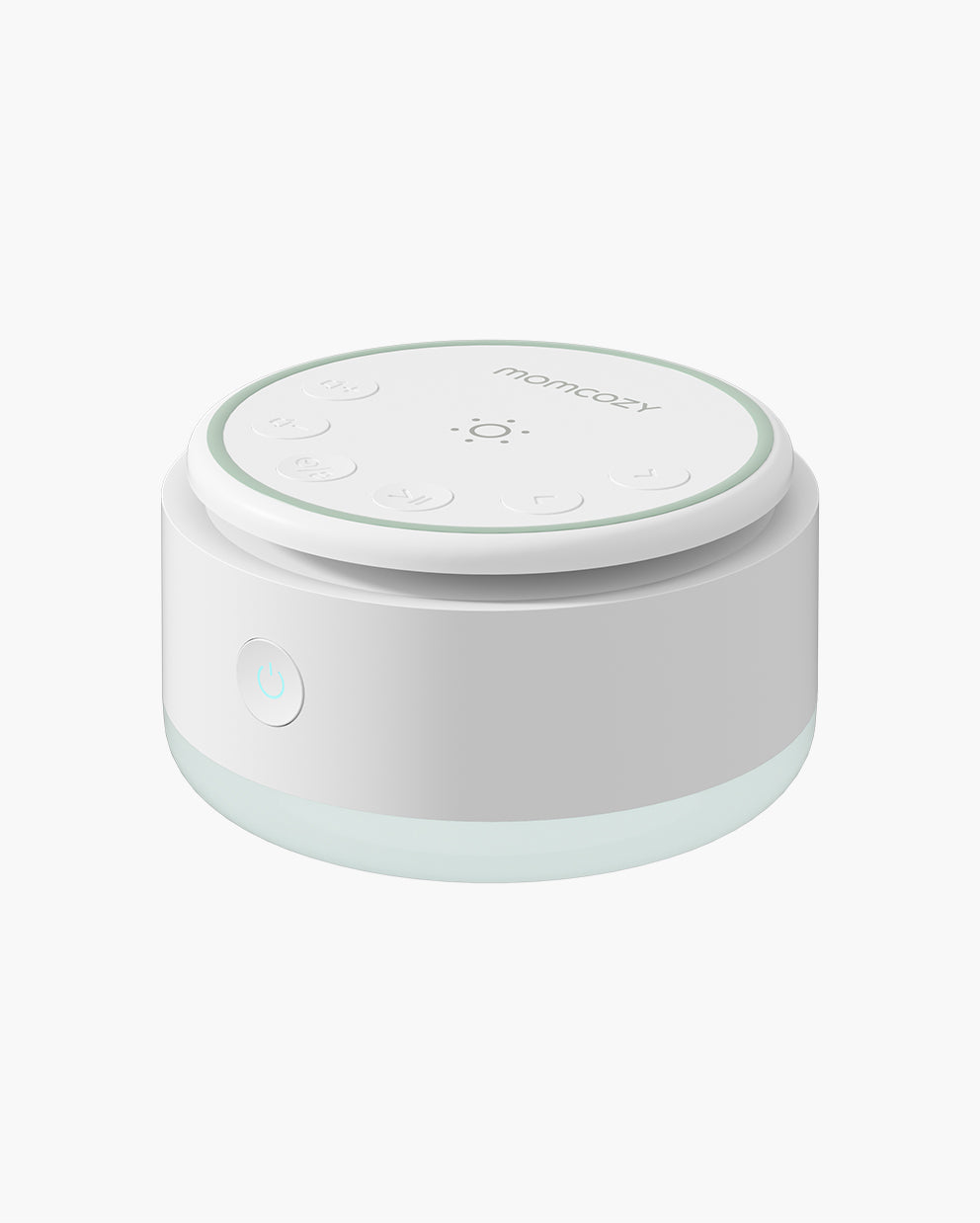 Momcozy Portable Baby Sound Machine - White and blue design, for baby sleep. Includes control buttons and brand logo.
