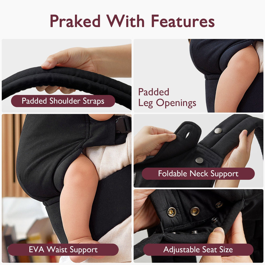 Momcozy PureHug Baby Carrier features: padded shoulder straps, neck support, and adjustable seat for comfortable babywearing.