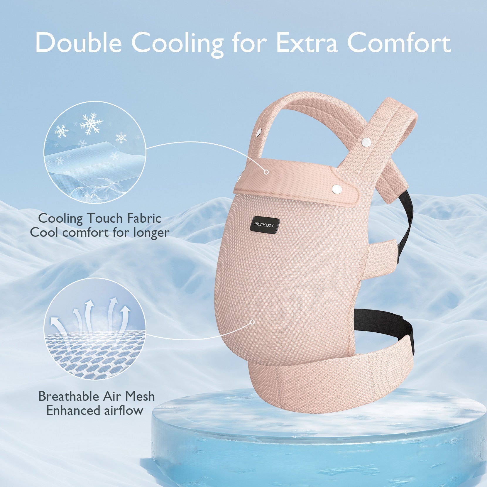 Momcozy PureHug baby carrier peach color. Double Cooling design with breathable air mesh for enhanced comfort babywearing.