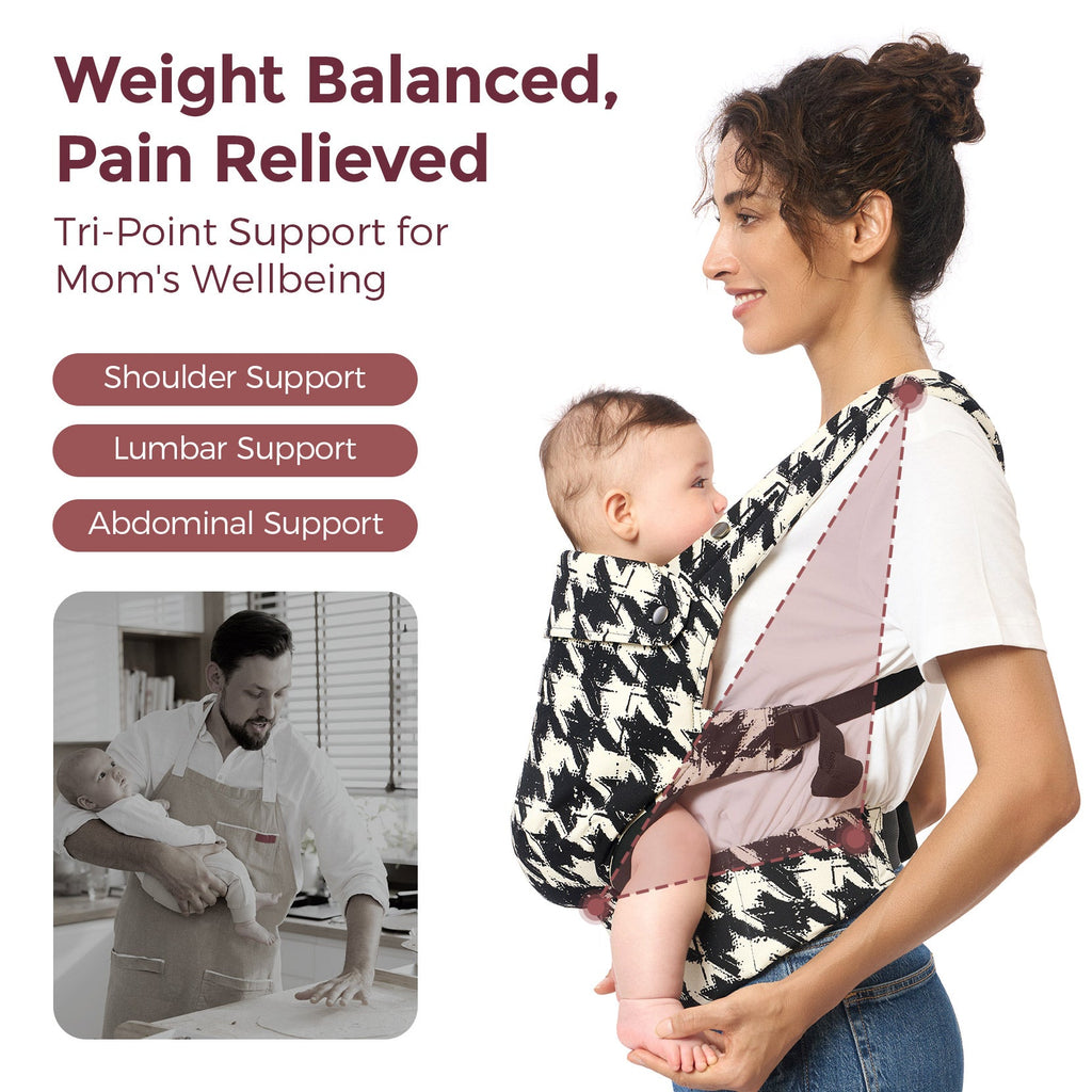 Momcozy PureHug carrier, houndstooth pattern. Provides shoulder, lumbar, and abdominal support for moms. Weight balanced.