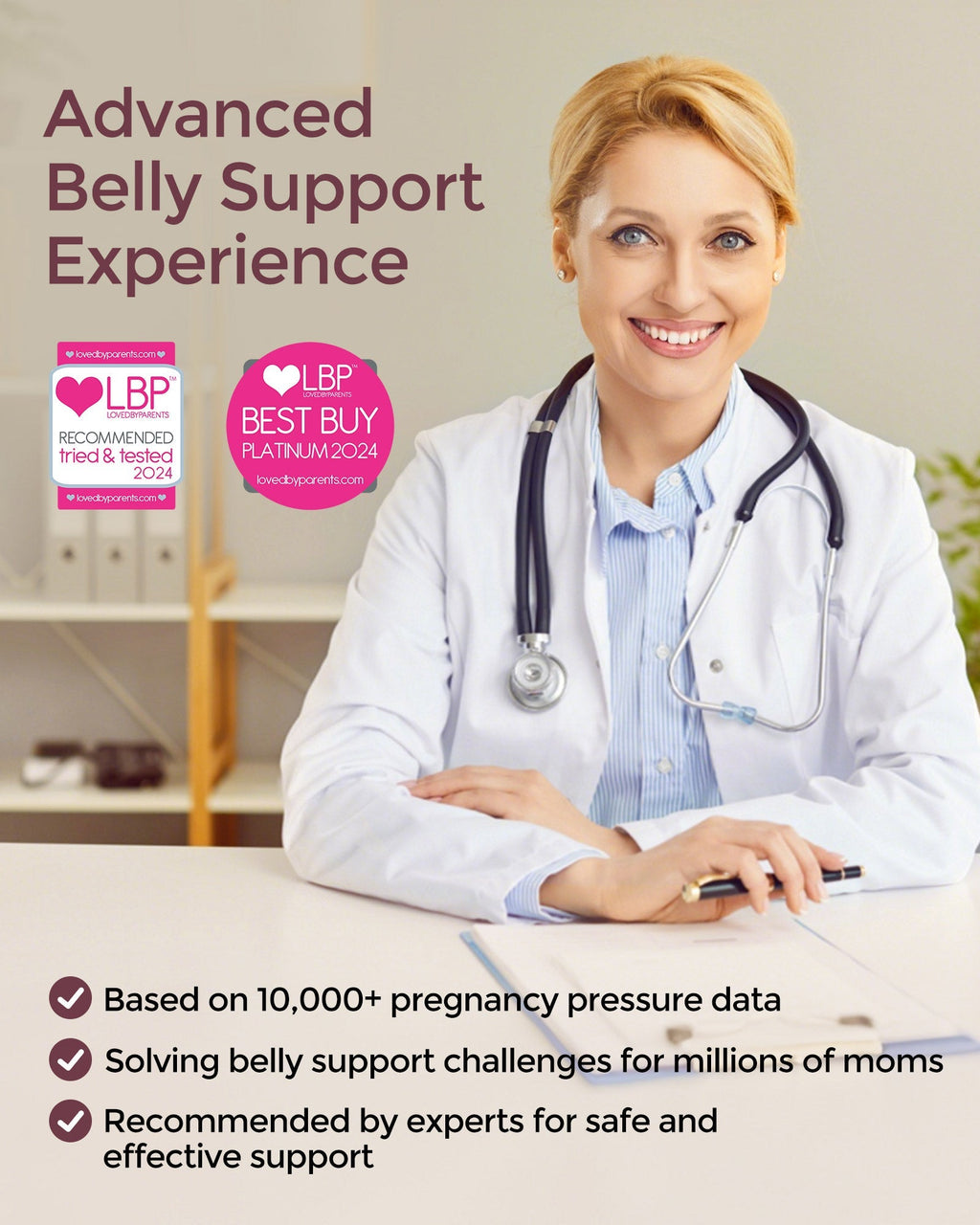 Doctor wearing white lab coat smiles, promoting BumpEase maternity band with "LBP Recommended" & "Best Buy Platinum" badges.